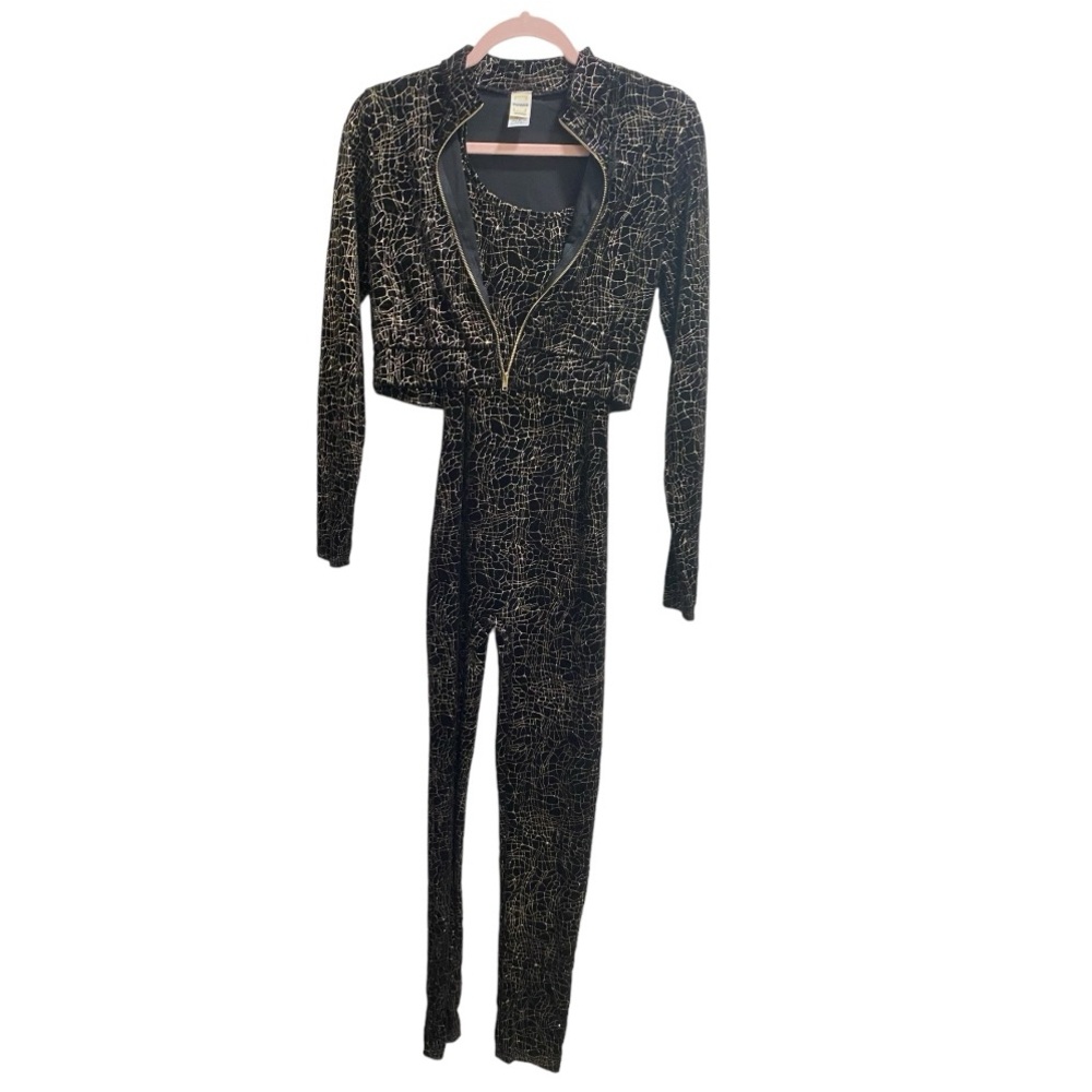 Votique Jumpsuit with Zip up Matching Jacket, Size Medium, Black/Gold iridescent